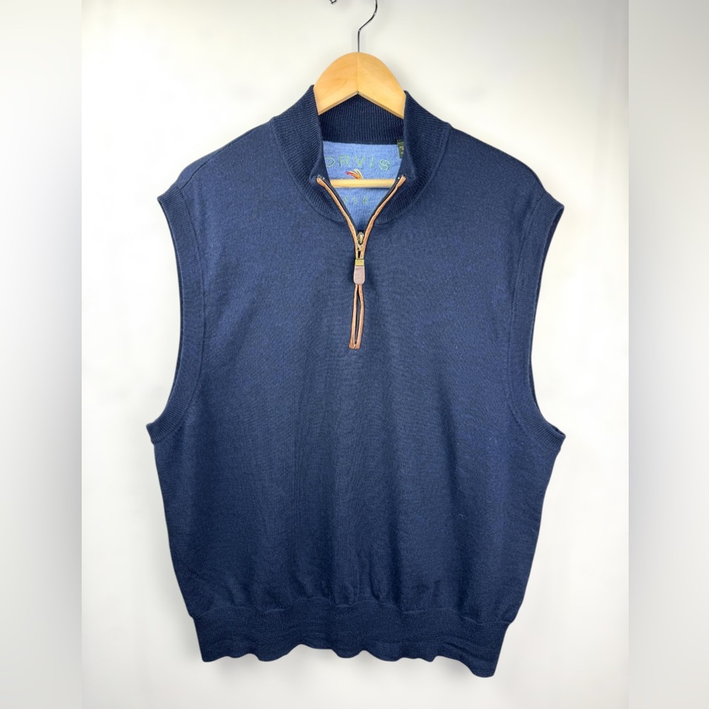 Orvis Men’s 100% Merino Wool Quarter Zip Navy Blue Sweater‎ Vest Size XL